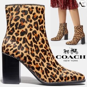 COACH Brown Drea Beadchain Leopard Block Heel Almond Toe Ankle Boots Booties 7